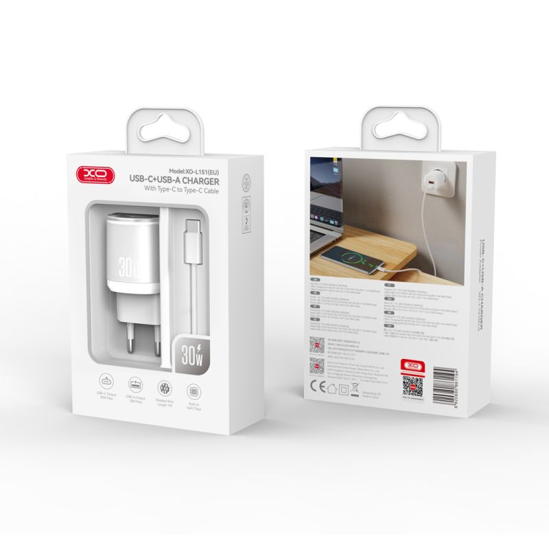 Nettlader med USB-C-kabel XO Design L151, 30W, 3A, 1 x USB-A - 1 x USB-C, Hvit