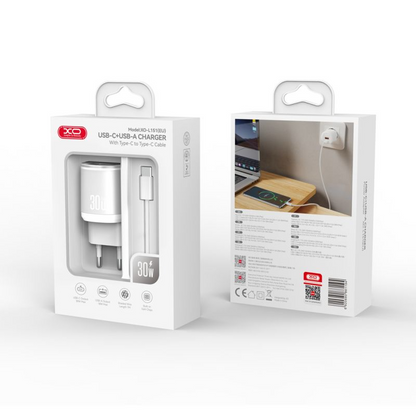 Nettlader med USB-C-kabel XO Design L151, 30W, 3A, 1 x USB-A - 1 x USB-C, Hvit