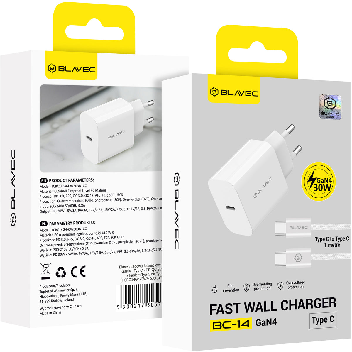 Blavec BC-14 USB-C-nettlader med kabel, 30 W, 3 A, 1 x USB-C, hvit