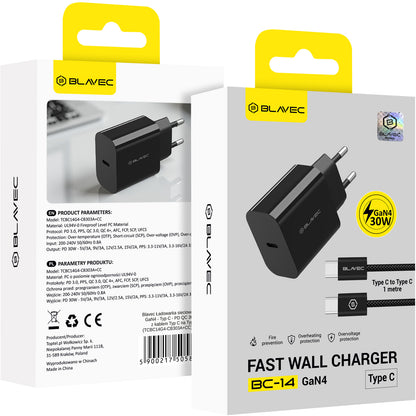 Blavec BC-14 nettadapter med USB-C-kabel, 30 W, 3 A, 1 x USB-C, svart