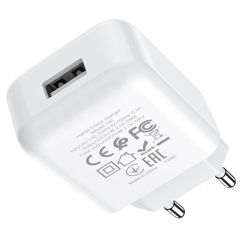 Nettlader med Lightning-kabel HOCO N2, 10W, 2A, 1 x USB-A, Hvit