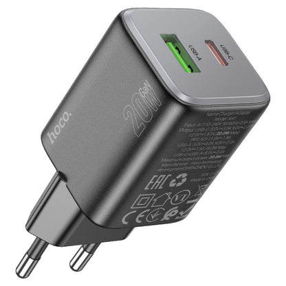 Nettlader med Lightning-kabel HOCO N41, 20W, 3A, 1 x USB-A - 1 x USB-C, Svart