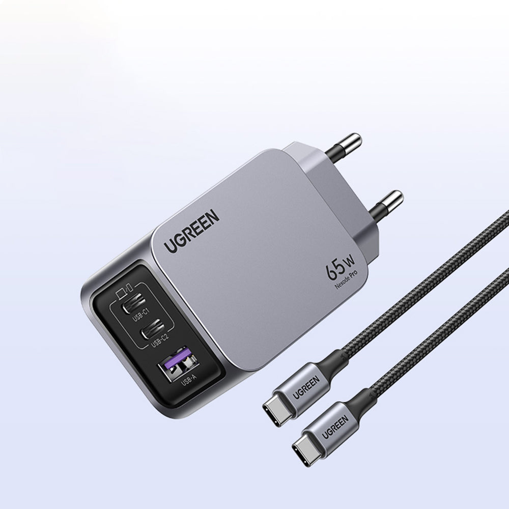 Nettlader med USB-C-kabel UGREEN X755 Nexode Pro, 65W, 3A, 1 x USB-A - 2 x USB-C, Grå