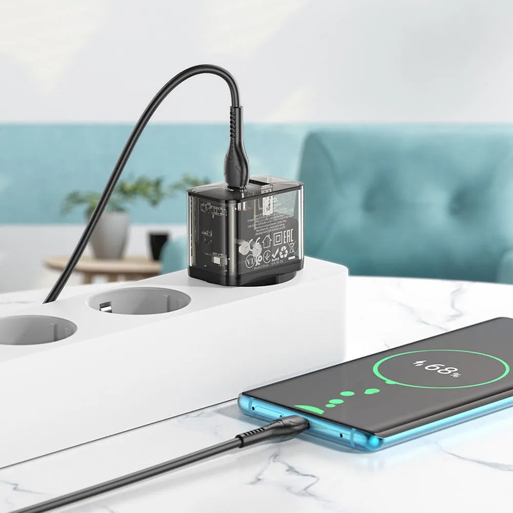 Nettlader med USB-C-kabel HOCO N34, 20W, 3A, 1 x USB-A - 1 x USB-C, Gjennomsiktig
