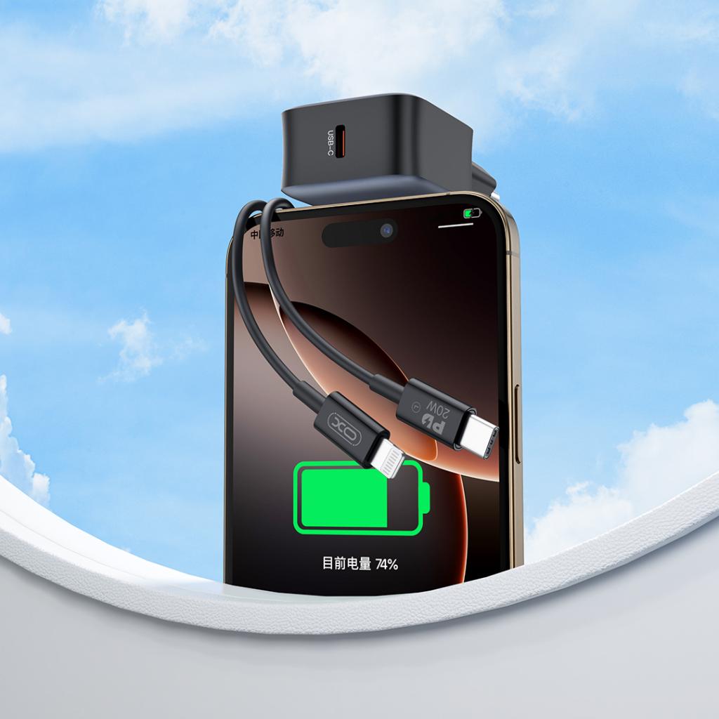 Nettlader med Lightning-kabel XO Design L155, 30W, 3A, 1 x USB-C, Svart