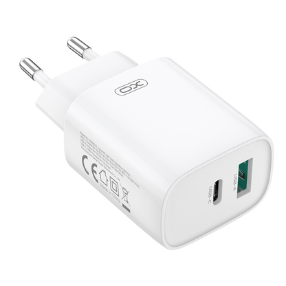 Nettlader med Lightning-kabel XO Design CE30, 30W, 3A, 1 x USB-A - 1 x USB-C, Hvit