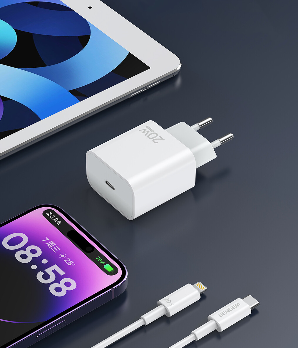 Nettlader med USB-C-kabel Sendem OG73, 20W, 3A, 1 x USB-C, hvit