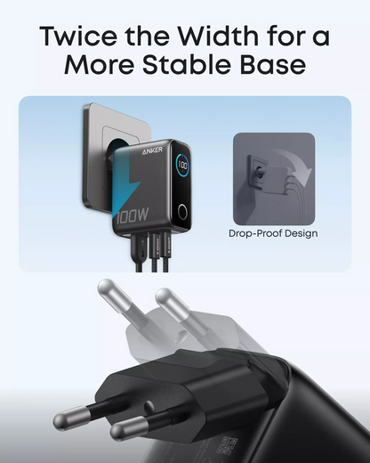 Anker Smart Display USB-C Nettlader med kabel, 100W, 5A, 1 x USB-A - 2 x USB-C, Grå, Reseglet B121BGZ1