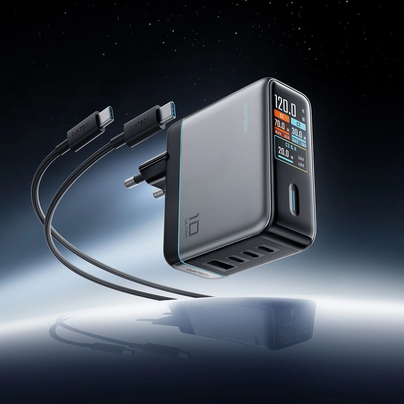 Nettlader med USB-C-kabel Cuktech AD1204U Display, 120W, 6A, 1 x USB-A - 2 x USB-C, Sølv