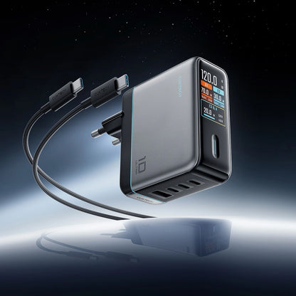 Nettlader med USB-C-kabel Cuktech AD1204U Display, 120W, 6A, 1 x USB-A - 2 x USB-C, Sølv