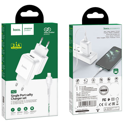 Nettlader med Lightning-kabel HOCO N2, 10W, 2A, 1 x USB-A, Hvit