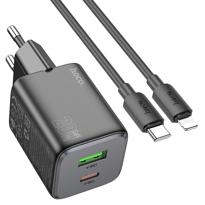 Nettlader med Lightning-kabel HOCO N41, 20W, 3A, 1 x USB-A - 1 x USB-C, Svart