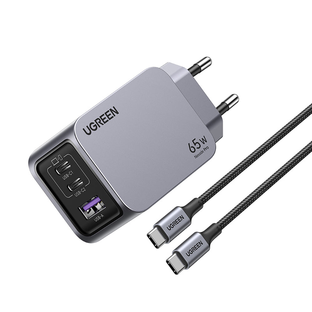 Nettlader med USB-C-kabel UGREEN X755 Nexode Pro, 65W, 3A, 1 x USB-A - 2 x USB-C, Grå