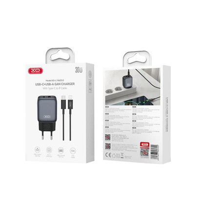 Nettlader med Lightning-kabel XO Design L156, 30W, 3A, 1 x USB-A - 1 x USB-C, Svart