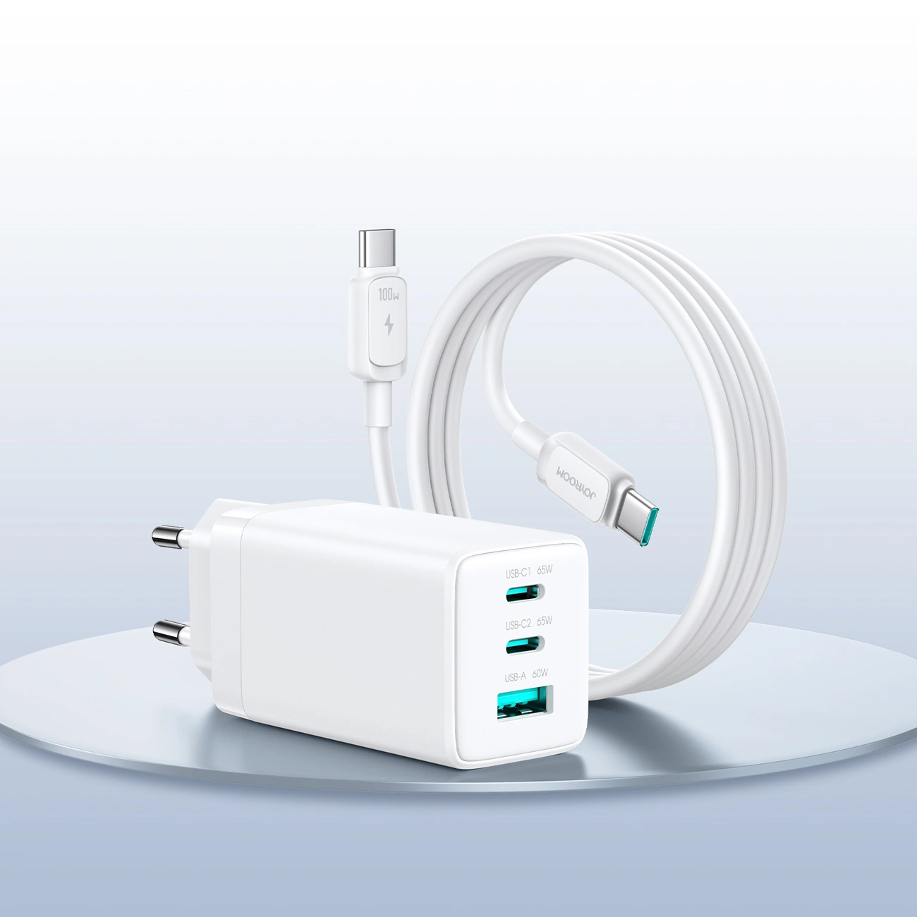 Nettlader med USB-C-kabel Joyroom JR-TG10, 65W, 3.25A, 1 x USB-A - 2 x USB-C, Hvit