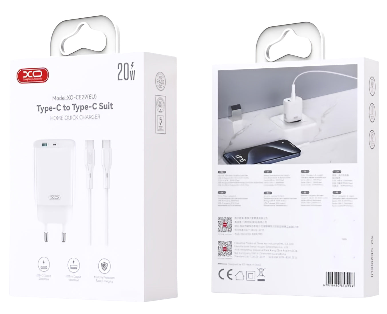 Nettlader med USB-C-kabel XO Design CE29, 20W, 3A, 1 x USB-A - 1 x USB-C, Hvit