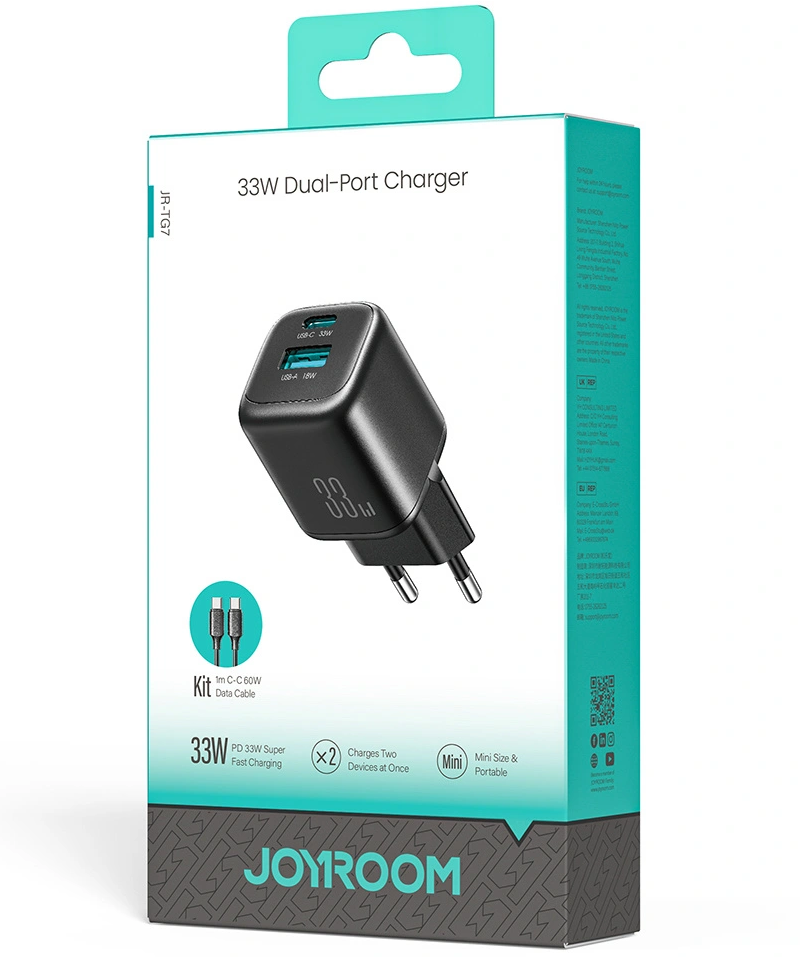 Nettlader med USB-C-kabel Joyroom JR-TG7, 33W, 3A, 1 x USB-A - 1 x USB-C, Svart