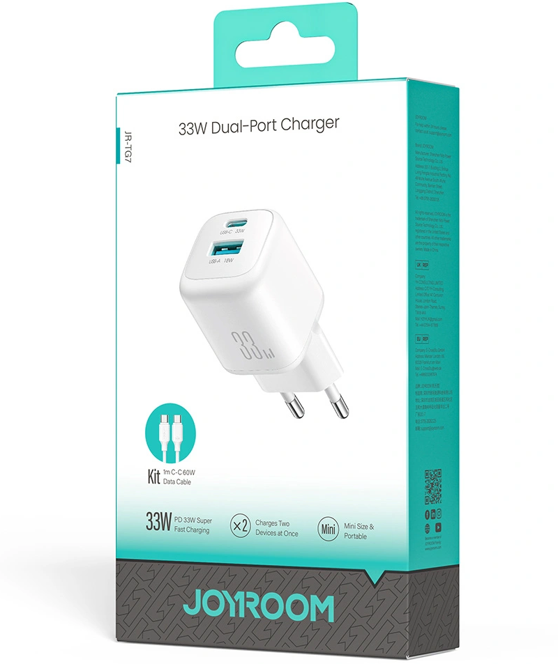 Nettlader med USB-C-kabel Joyroom JR-TG7, 33W, 3A, 1 x USB-A - 1 x USB-C, Hvit