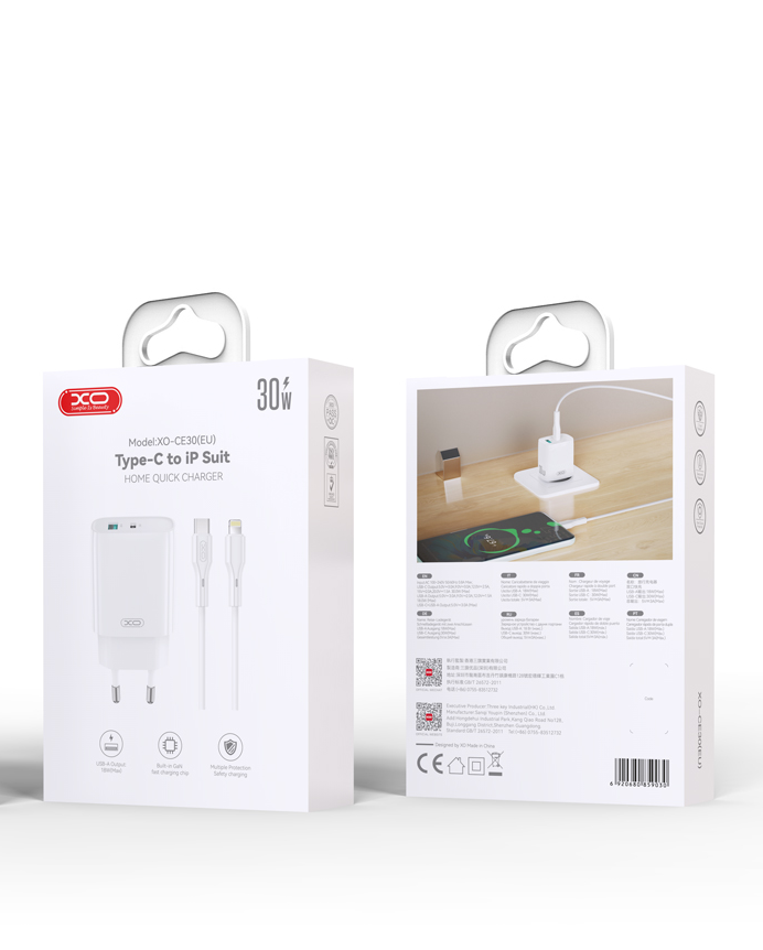 Nettlader med Lightning-kabel XO Design CE30, 30W, 3A, 1 x USB-A - 1 x USB-C, Hvit