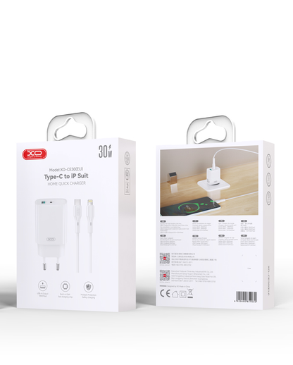 Nettlader med Lightning-kabel XO Design CE30, 30W, 3A, 1 x USB-A - 1 x USB-C, Hvit