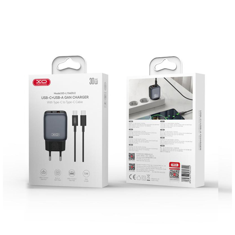 Nettlader med USB-C-kabel XO Design L156, 30W, 3A, 1 x USB-A - 1 x USB-C, Svart