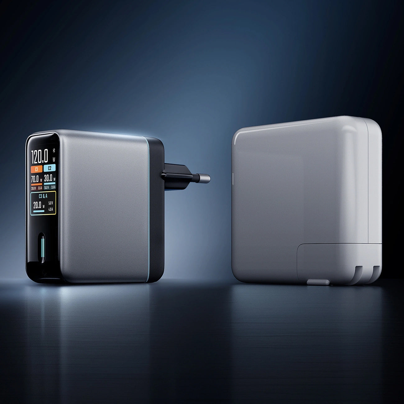 Nettlader med USB-C-kabel Cuktech AD1204U Display, 120W, 6A, 1 x USB-A - 2 x USB-C, Sølv