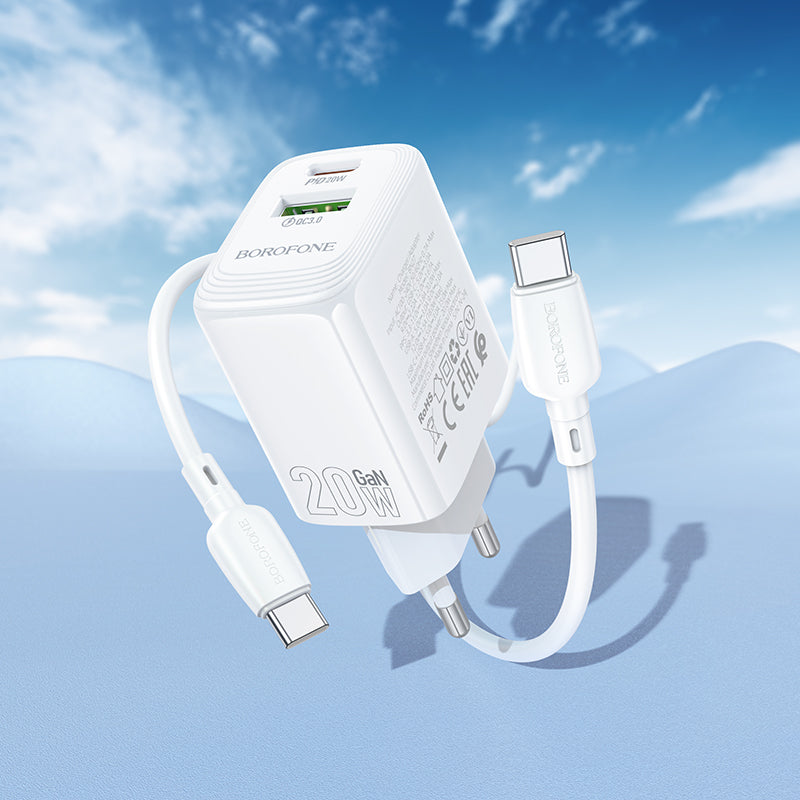 Nettlader med USB-C-kabel Borofone BN27 Fuente, 20W, 3A, 1 x USB-A - 1 x USB-C, Hvit