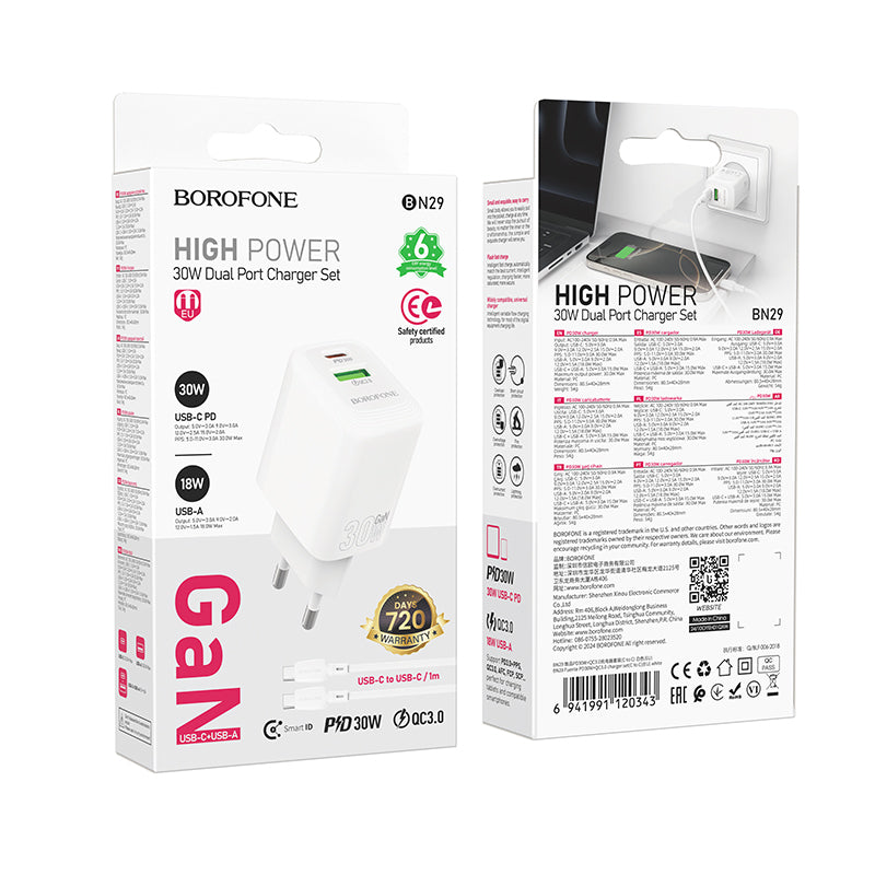 Nettlader med USB-C-kabel Borofone BN29 Fuente, 30W, 3A, 1 x USB-A - 1 x USB-C, Hvit