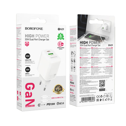 Nettlader med USB-C-kabel Borofone BN29 Fuente, 30W, 3A, 1 x USB-A - 1 x USB-C, Hvit