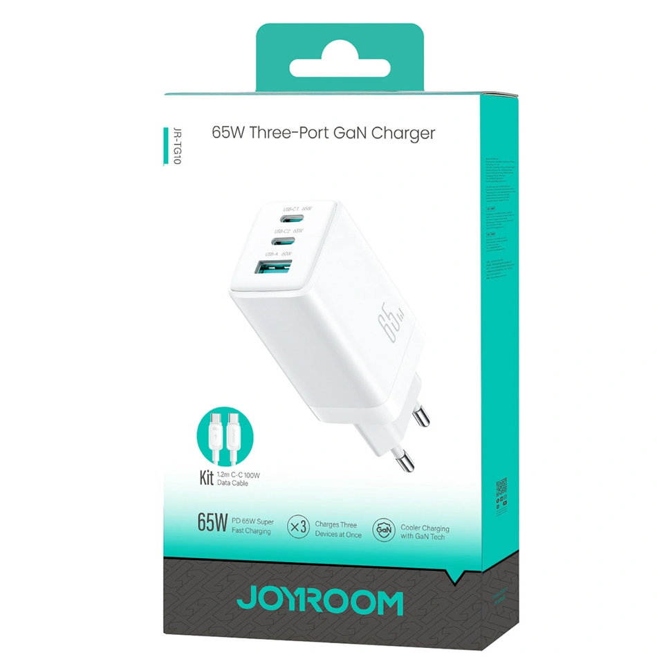 Nettlader med USB-C-kabel Joyroom JR-TG10, 65W, 3.25A, 1 x USB-A - 2 x USB-C, Hvit