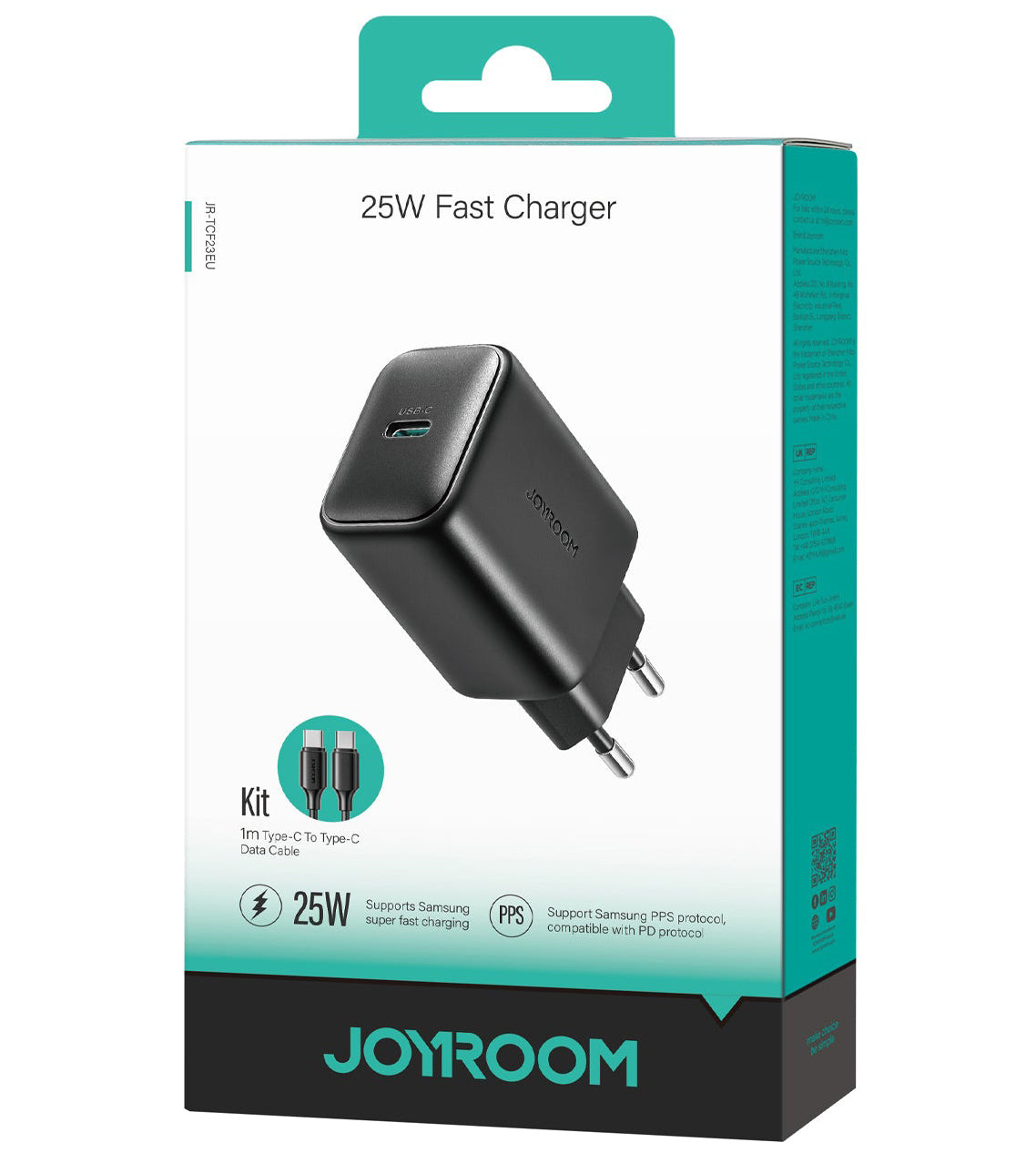 Nettlader med USB-C-kabel Joyroom JR-TCF23, 25W, 3A, 1 x USB-C, Svart