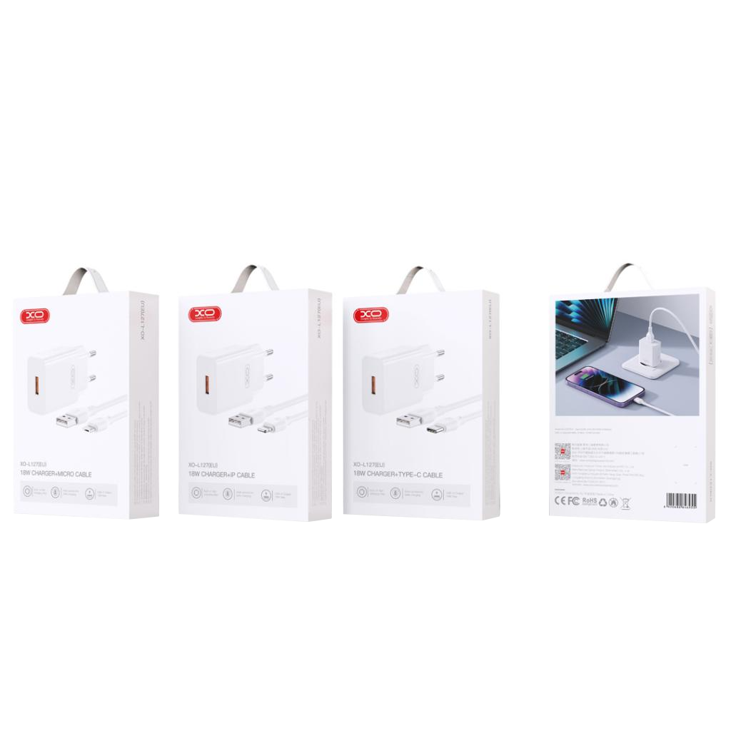 Nettlader med microUSB-kabel XO Design L127, 18W, 3A, 1 x USB-A, Hvit