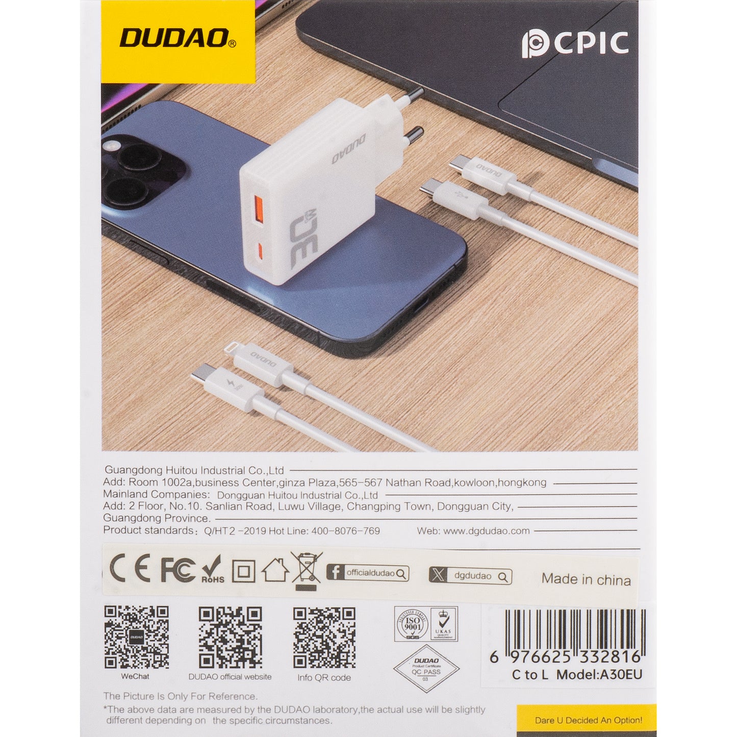 Nettverkslader med lynkabel Dudao A30EUL, 30 W, 3 A, 1 x USB-A - 1 x USB-C, hvit 