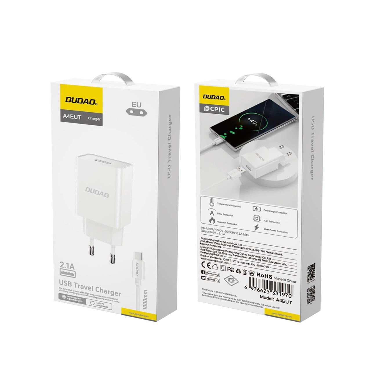 Nettlader med USB-C-kabel Dudao A4EU, 10W, 2.1A, 1 x USB-A, Hvit