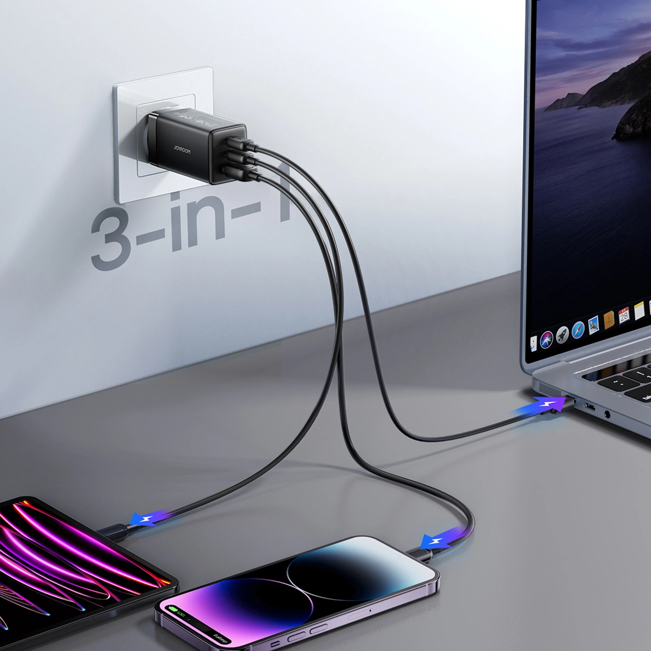 Nettlader med USB-C-kabel Joyroom JR-TG10, 65W, 3,25A, 1 x USB-A - 2 x USB-C, Svart
