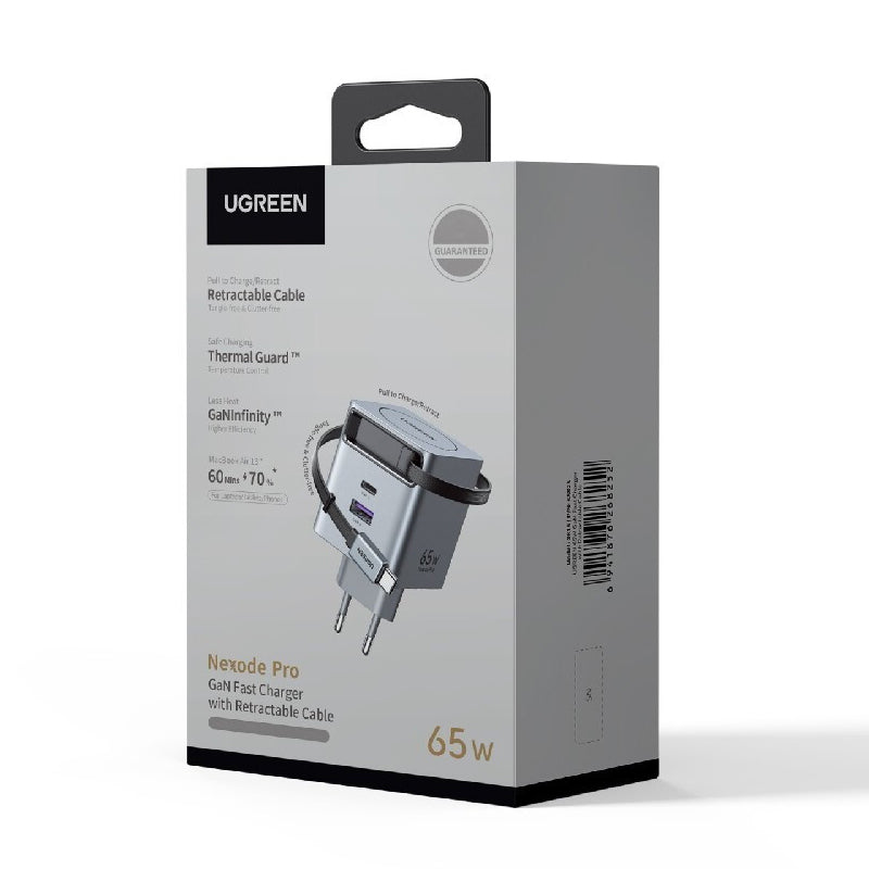 Nettlader med USB-C-kabel UGREEN X615, 65W, 3A, 1 x USB-A - 1 x USB-C, Grå