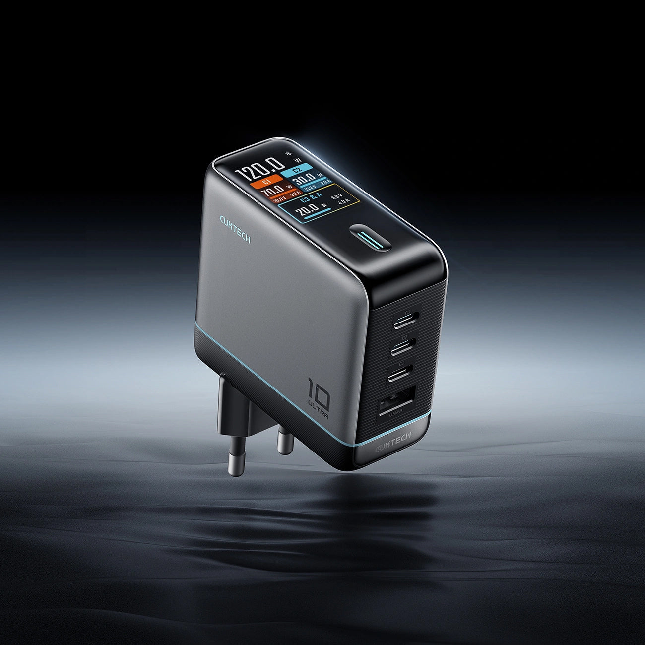 Nettlader med USB-C-kabel Cuktech AD1204U Display, 120W, 6A, 1 x USB-A - 2 x USB-C, Sølv