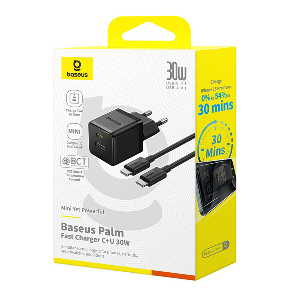 Nettlader med USB-C-kabel Baseus Palm, 30W, 3A, 1 x USB-A - 1 x USB-C, Svart P1011160A113-01