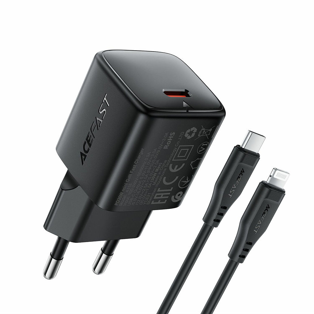 Nettlader med Lightning-kabel Acefast A118, 30W, 3A, 1 x USB-C, svart