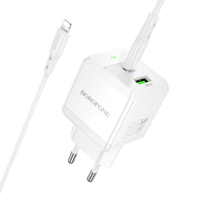 Nettlader med Lightning-kabel Borofone BN19 Intenso, 20W, 3A, 1 x USB-A - 1 x USB-C, Hvit