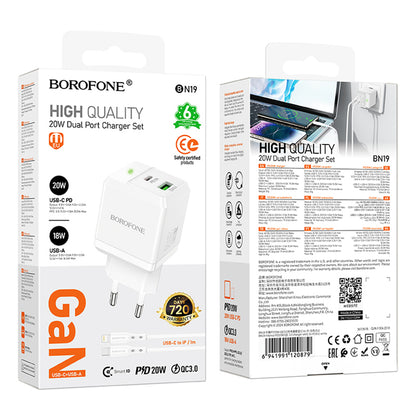 Nettlader med Lightning-kabel Borofone BN19 Intenso, 20W, 3A, 1 x USB-A - 1 x USB-C, Hvit