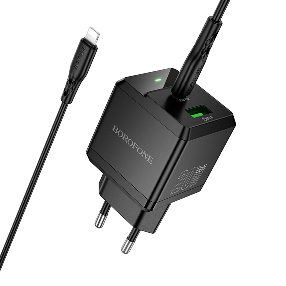 Nettlader med Lightning-kabel Borofone BN19 Intenso, 20W, 3A, 1 x USB-A - 1 x USB-C, Svart