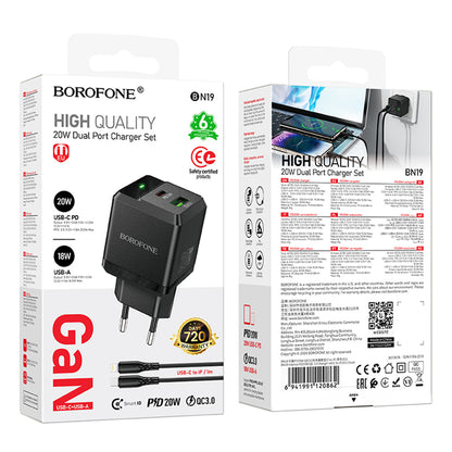 Nettlader med Lightning-kabel Borofone BN19 Intenso, 20W, 3A, 1 x USB-A - 1 x USB-C, Svart