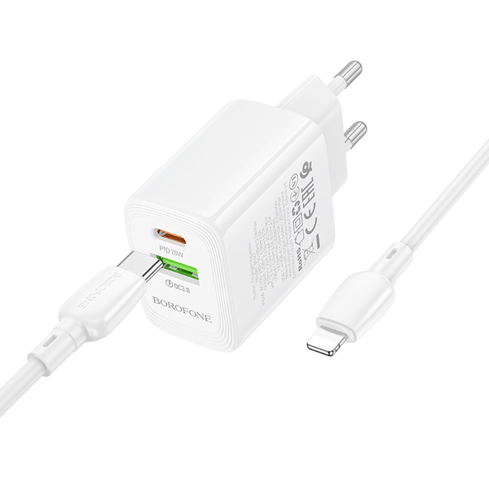 Nettlader med Lightning-kabel Borofone BN27 Fuente, 20W, 3A, 1 x USB-A - 1 x USB-C, Hvit