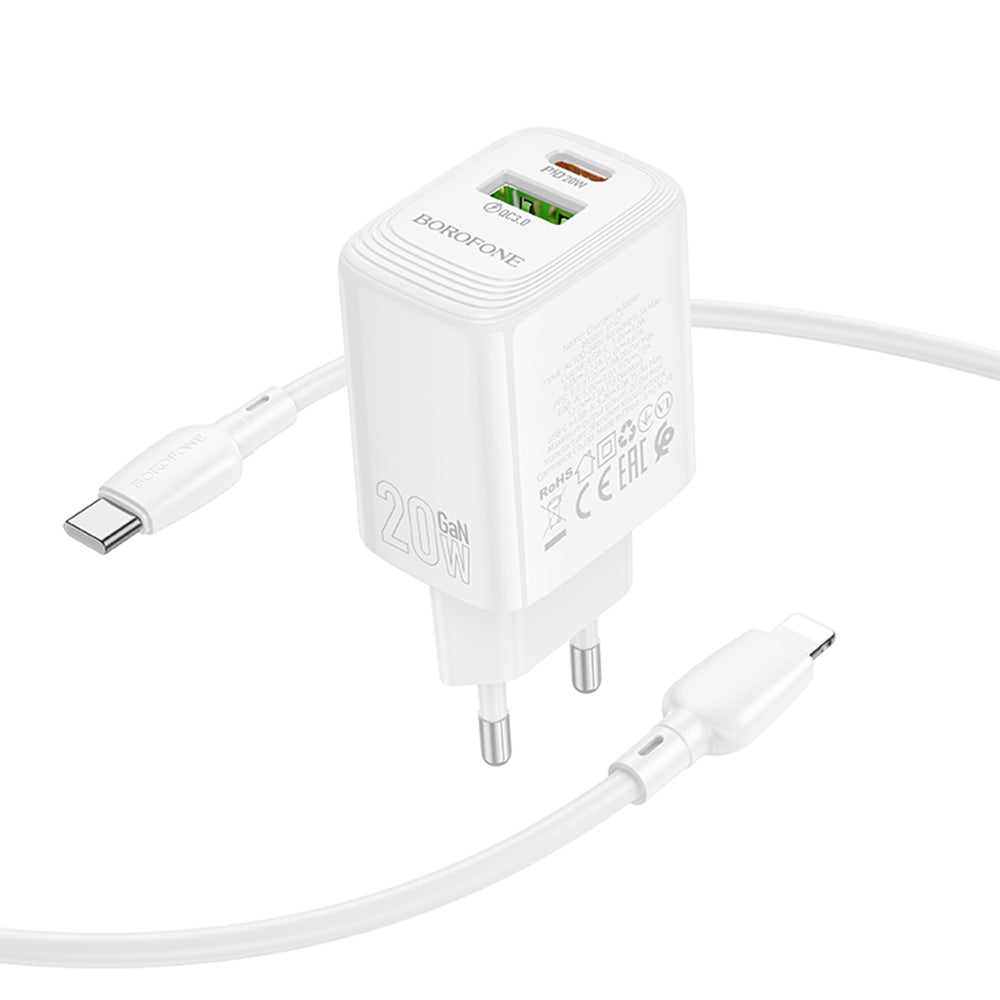 Nettlader med Lightning-kabel Borofone BN27 Fuente, 20W, 3A, 1 x USB-A - 1 x USB-C, Hvit