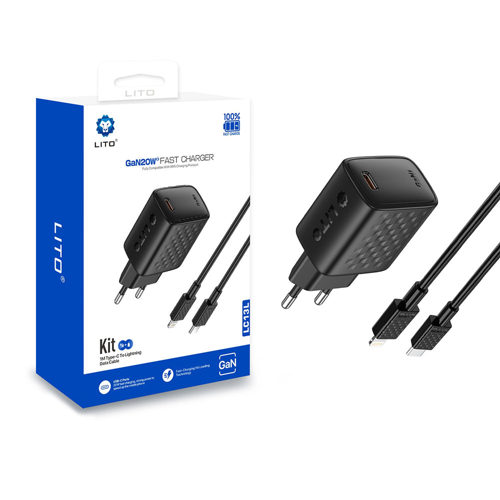 Nettlader med Lightning-kabel Lito LC13L, 20W, 3A, 1 x USB-C, Svart