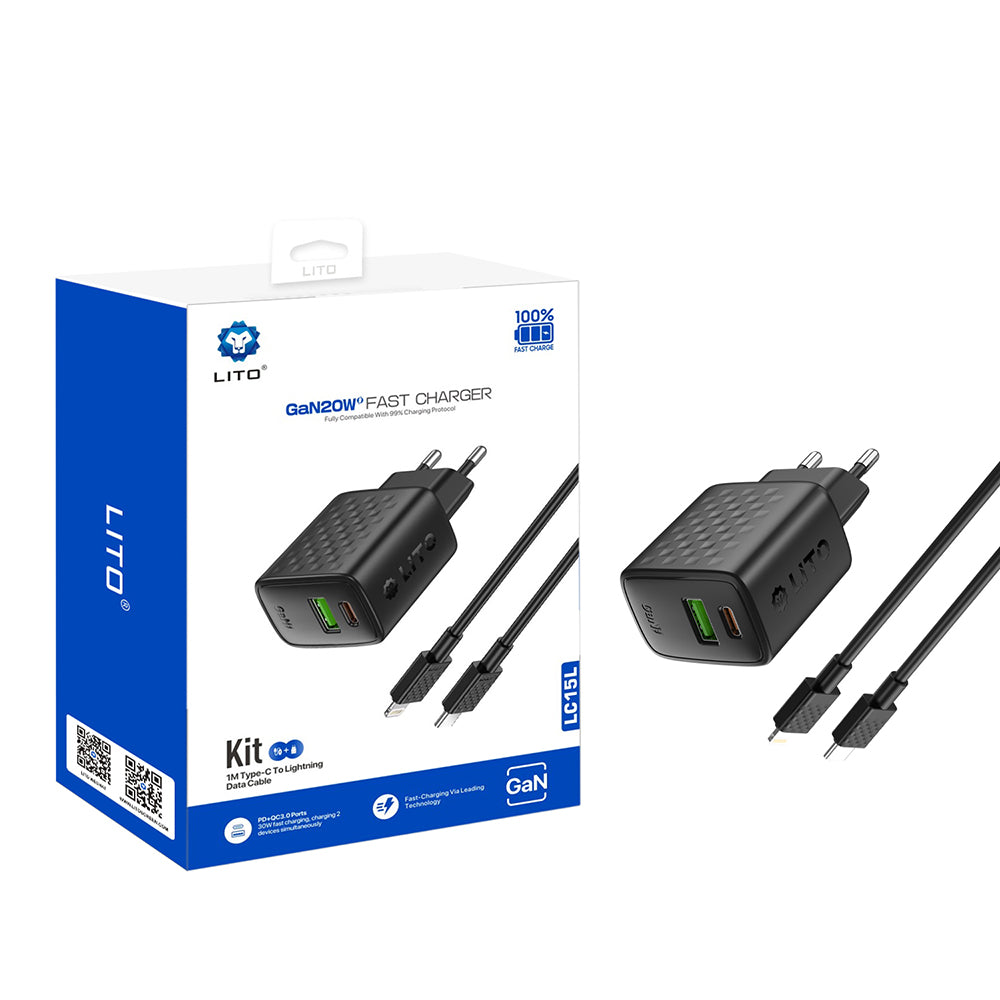 Nettlader med Lightning-kabel Lito LC15L, 20W, 3A, 1 x USB-A - 1 x USB-C, Svart