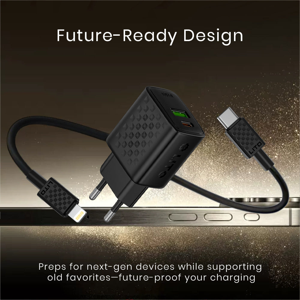 Nettlader med Lightning-kabel Lito LC15L, 20W, 3A, 1 x USB-A - 1 x USB-C, Svart