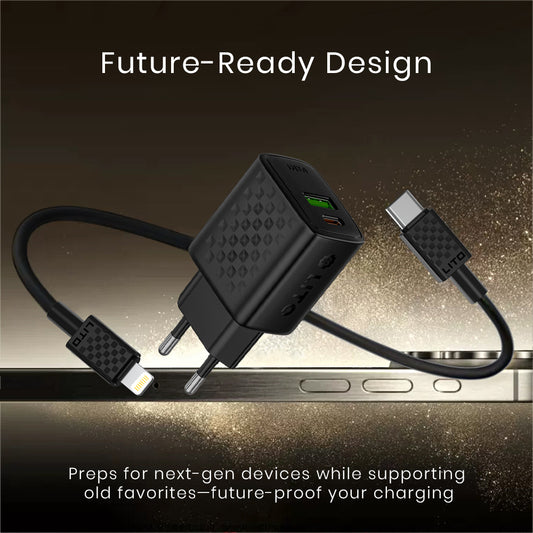 Nettlader med Lightning-kabel Lito LC15L, 20W, 3A, 1 x USB-A - 1 x USB-C, Svart