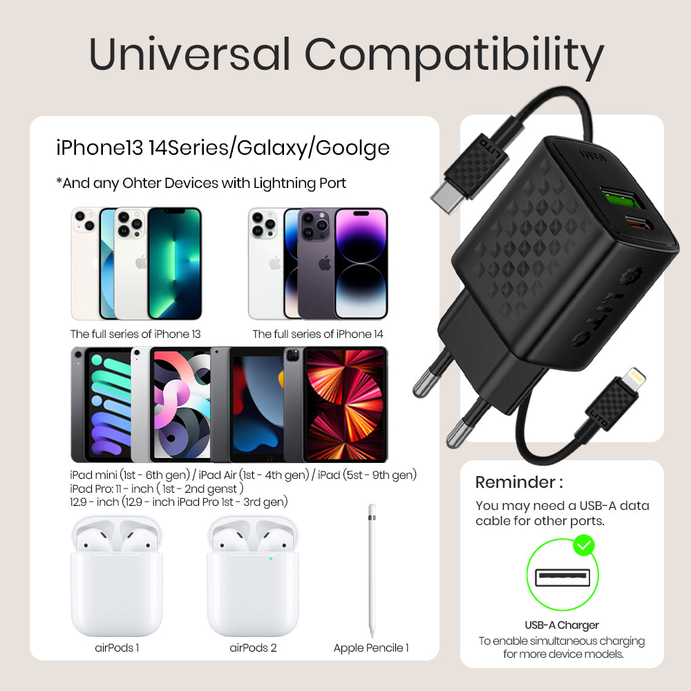 Nettlader med Lightning-kabel Lito LC15L, 20W, 3A, 1 x USB-A - 1 x USB-C, Svart